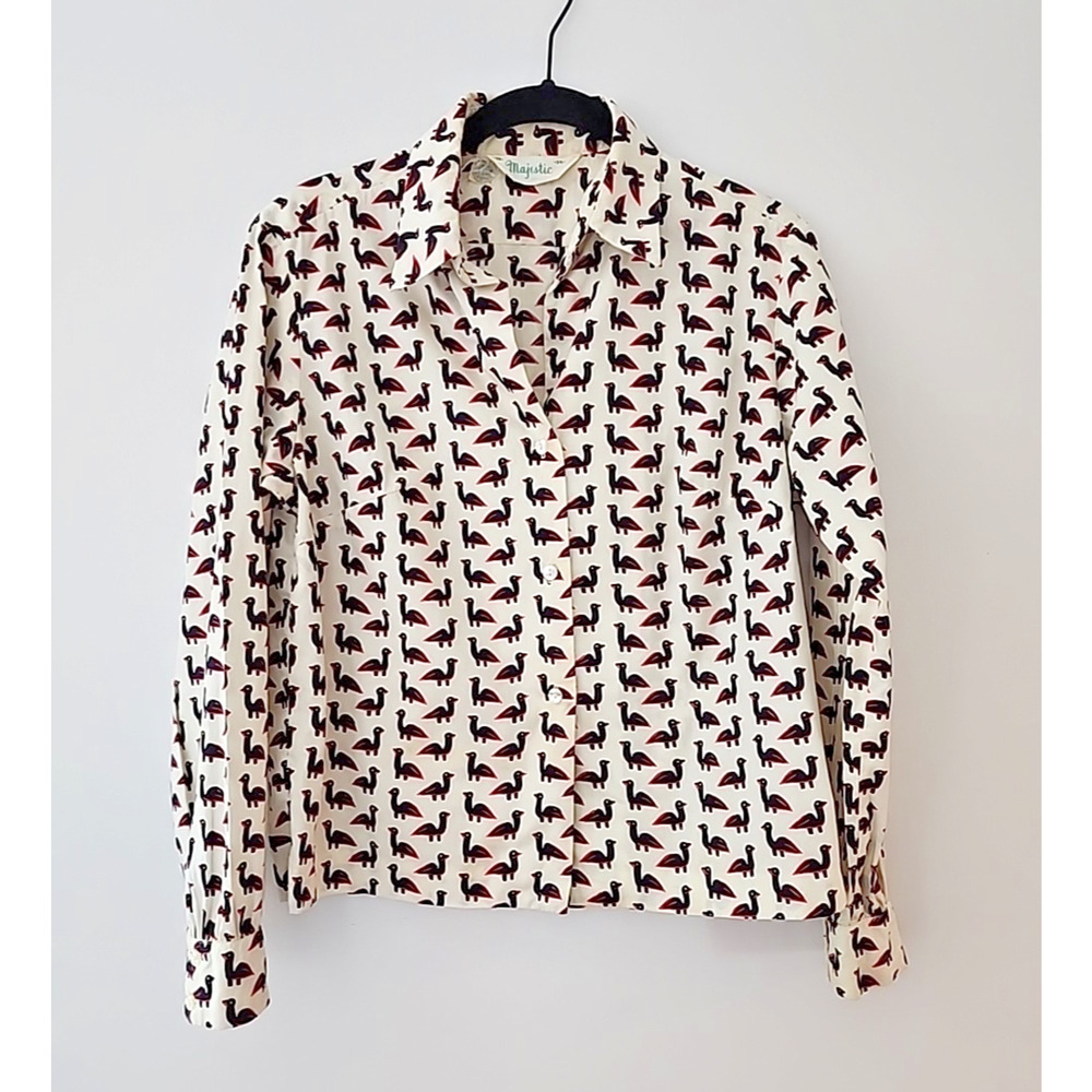1960s Majestic Button Up Blouse Long Sleeve Birds Ducks Vintage Novelty Print 10